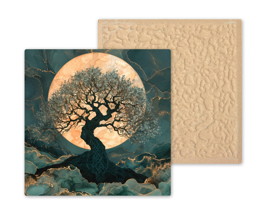 Celtic Tree of Life Alcohol Ink Style Ceramic Art Tile – Full Moon and Knotwork Roots Wall Decor, Celtic Lover