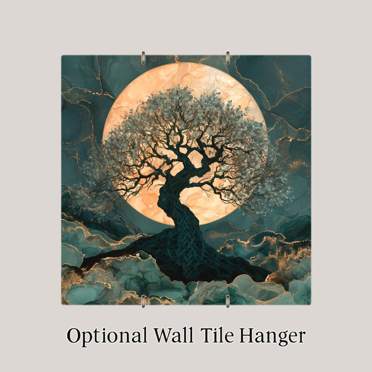 Celtic Tree of Life Alcohol Ink Style Ceramic Art Tile – Full Moon and Knotwork Roots Wall Decor, Celtic Lover