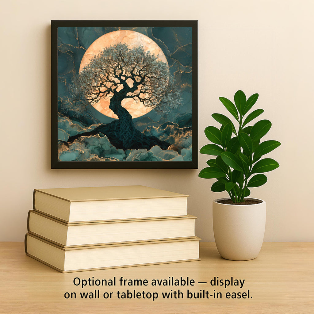 Celtic Tree of Life Alcohol Ink Style Ceramic Art Tile – Full Moon and Knotwork Roots Wall Decor, Celtic Lover