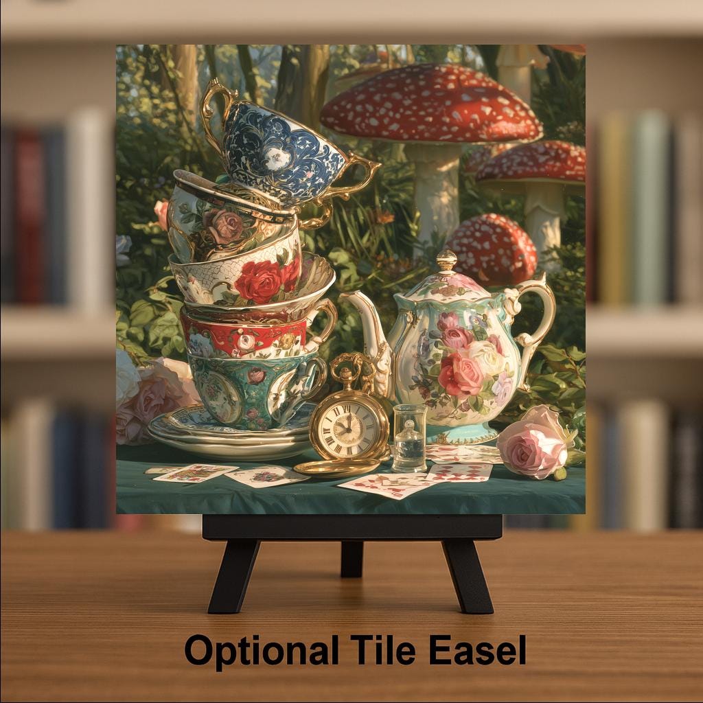 Alice in Wonderland Ceramic Tile Tea Party Wall Art Whimsical Storybook Decor Teacups Pocket Watch Mushroom Garden