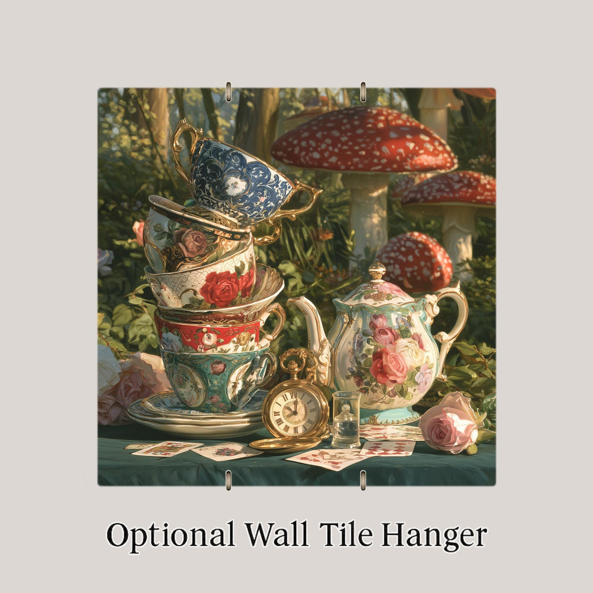 Alice in Wonderland Ceramic Tile Tea Party Wall Art Whimsical Storybook Decor Teacups Pocket Watch Mushroom Garden