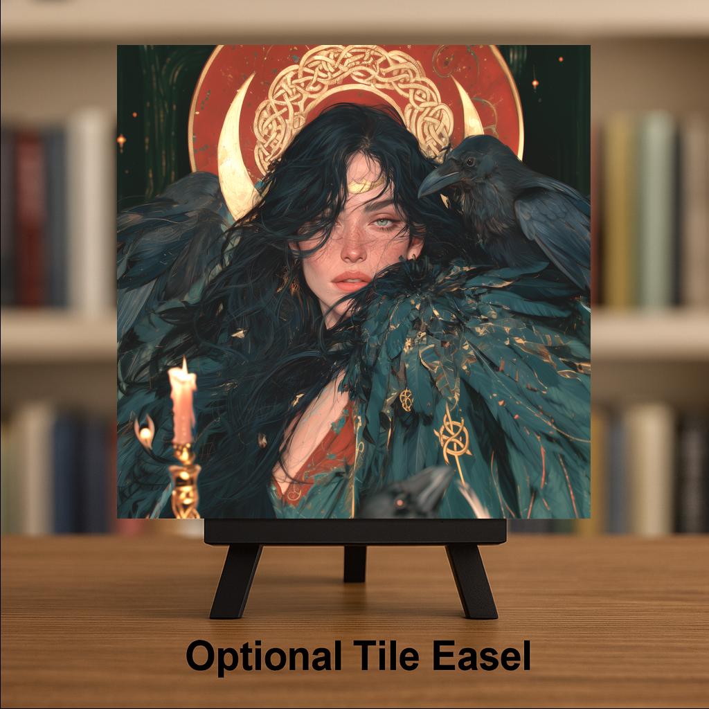 Morrigan Ceramic Tile Wall Art Celtic Raven Goddess Whimsigoth Decor Crescent Moon Witchy Pagan Irish Mythology Art