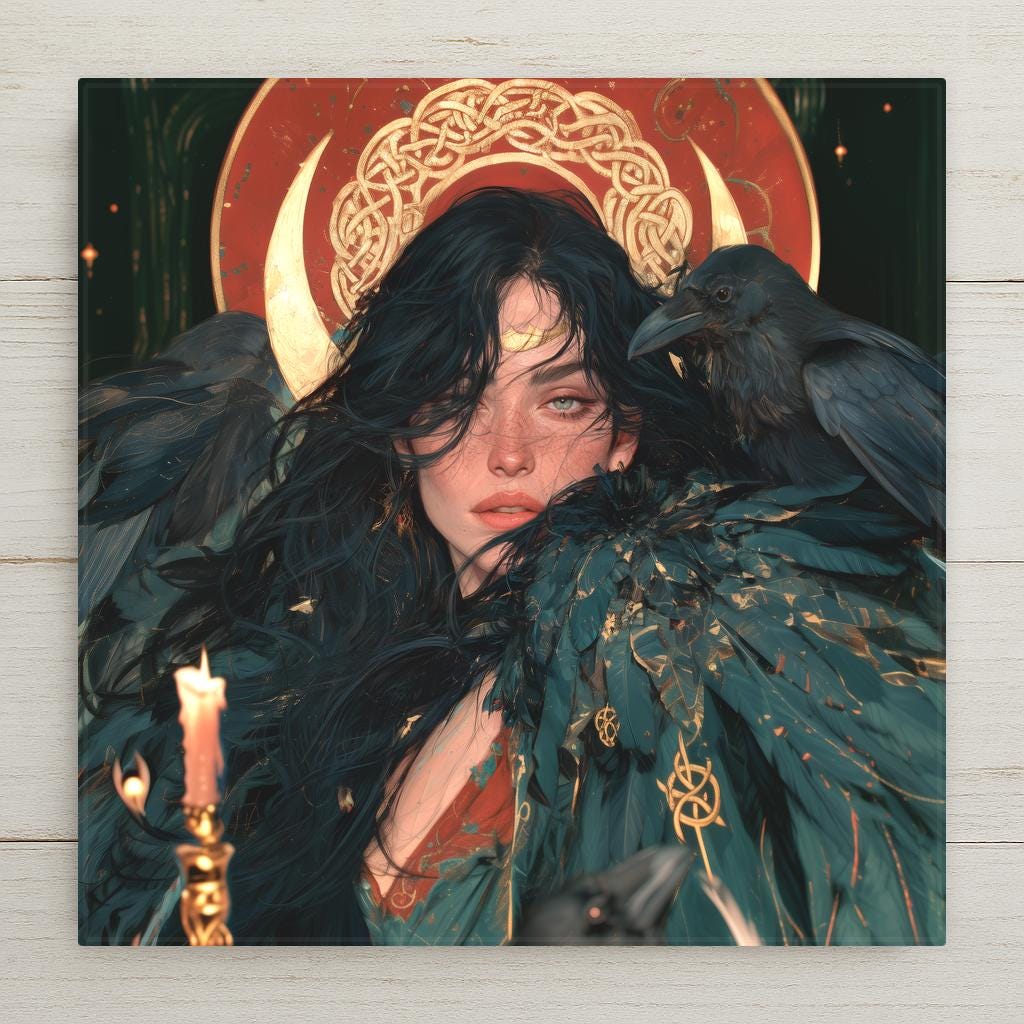 The Morrigan Celtic raven goddess ceramic art tile — dark-haired goddess in a raven feather cloak with a raven at her shoulder, gold crescent moons and Celtic knotwork halo, candlelit jewel tones of teal and crimson.