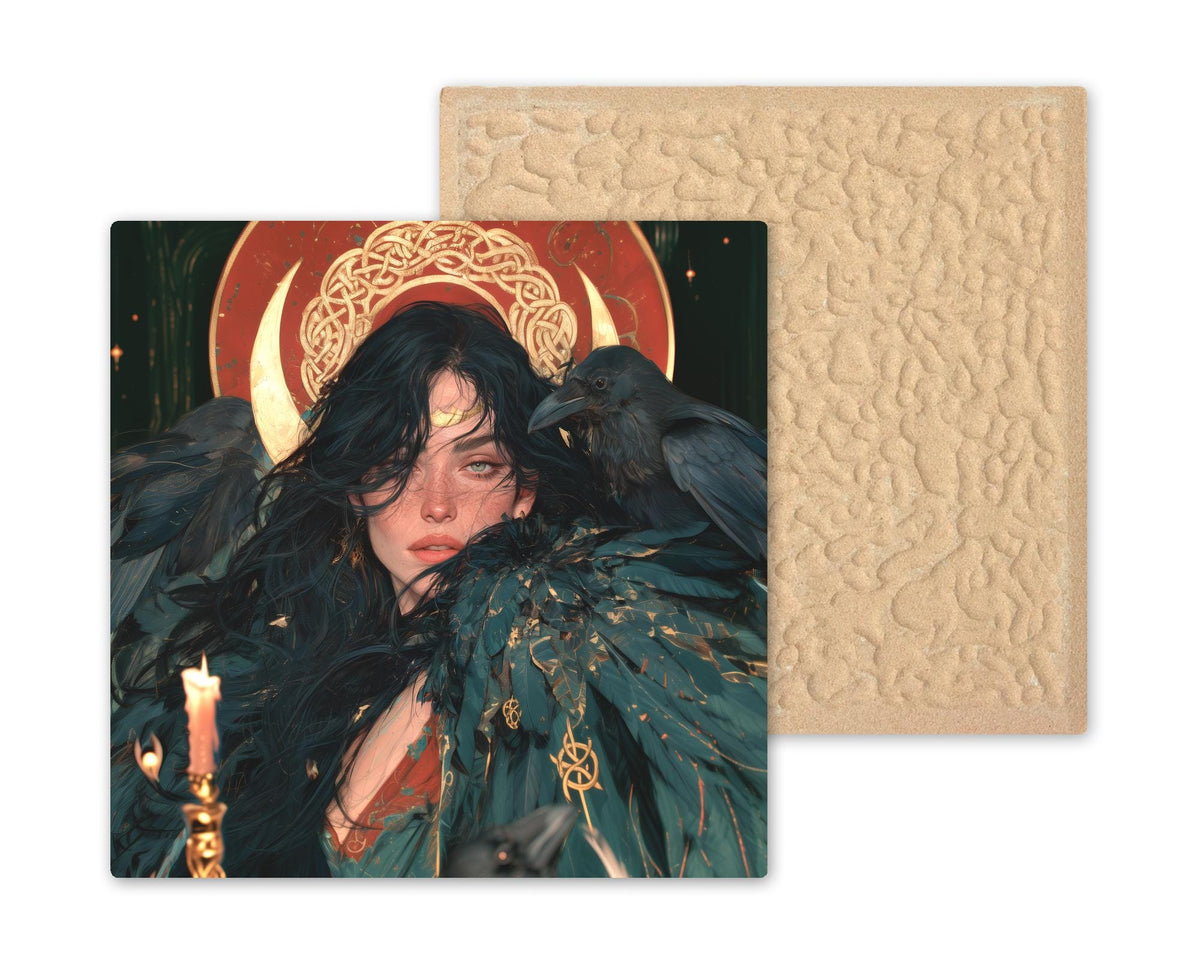 Morrigan Ceramic Tile Wall Art Celtic Raven Goddess Whimsigoth Decor Crescent Moon Witchy Pagan Irish Mythology Art