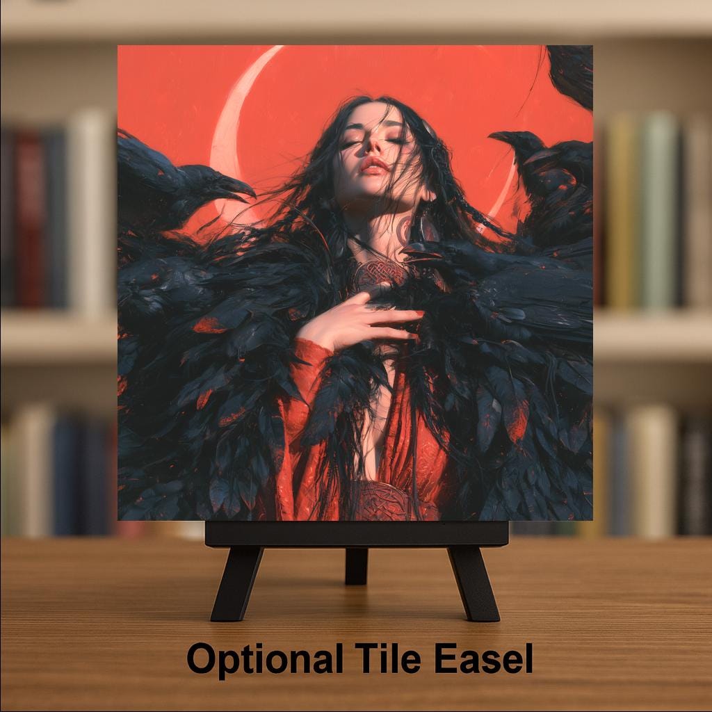 Morrigan Raven Goddess Ceramic Tile Wall Art Blood Moon Celtic Dark Romance Witchy Decor Gothic Irish Folklore Art