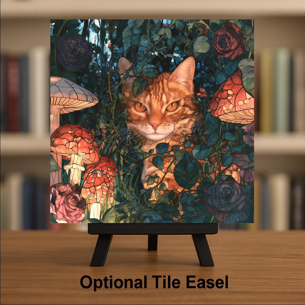 Cheshire Cat Ceramic Tile Wall Art Stained Glass Style Alice in Wonderland Decor Whimsical Ginger Tabby Mushroom Garden