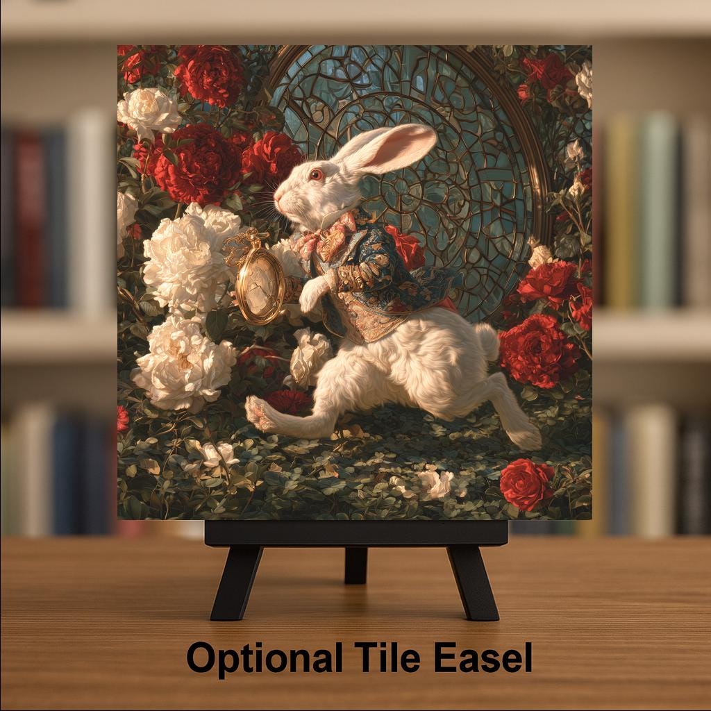 White Rabbit Ceramic Tile Wall Art Alice in Wonderland Decor Pocket Watch Rose Garden Whimsical Storybook Fantasy Art