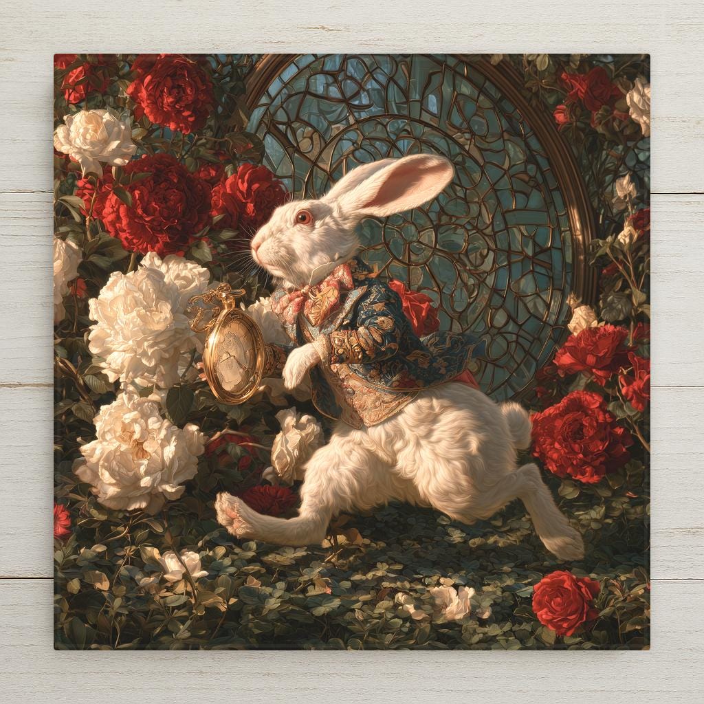White Rabbit ceramic art tile — Alice in Wonderland white rabbit in an embroidered Victorian coat dashing through red and white roses with a gold pocket watch, ornate round garden window behind.