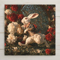 White Rabbit ceramic art tile — Alice in Wonderland white rabbit in an embroidered Victorian coat dashing through red and white roses with a gold pocket watch, ornate round garden window behind.