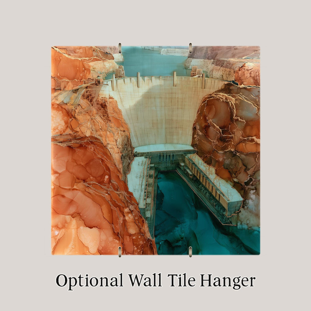 Hoover Dam Wall Art Ceramic Tile Alcohol Ink Style Nevada Landmark Colorado River Canyon Southwest Travel Decor