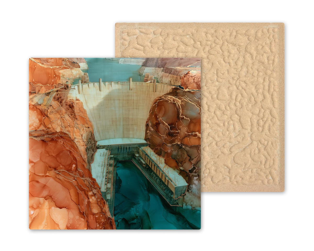 Hoover Dam Wall Art Ceramic Tile Alcohol Ink Style Nevada Landmark Colorado River Canyon Southwest Travel Decor