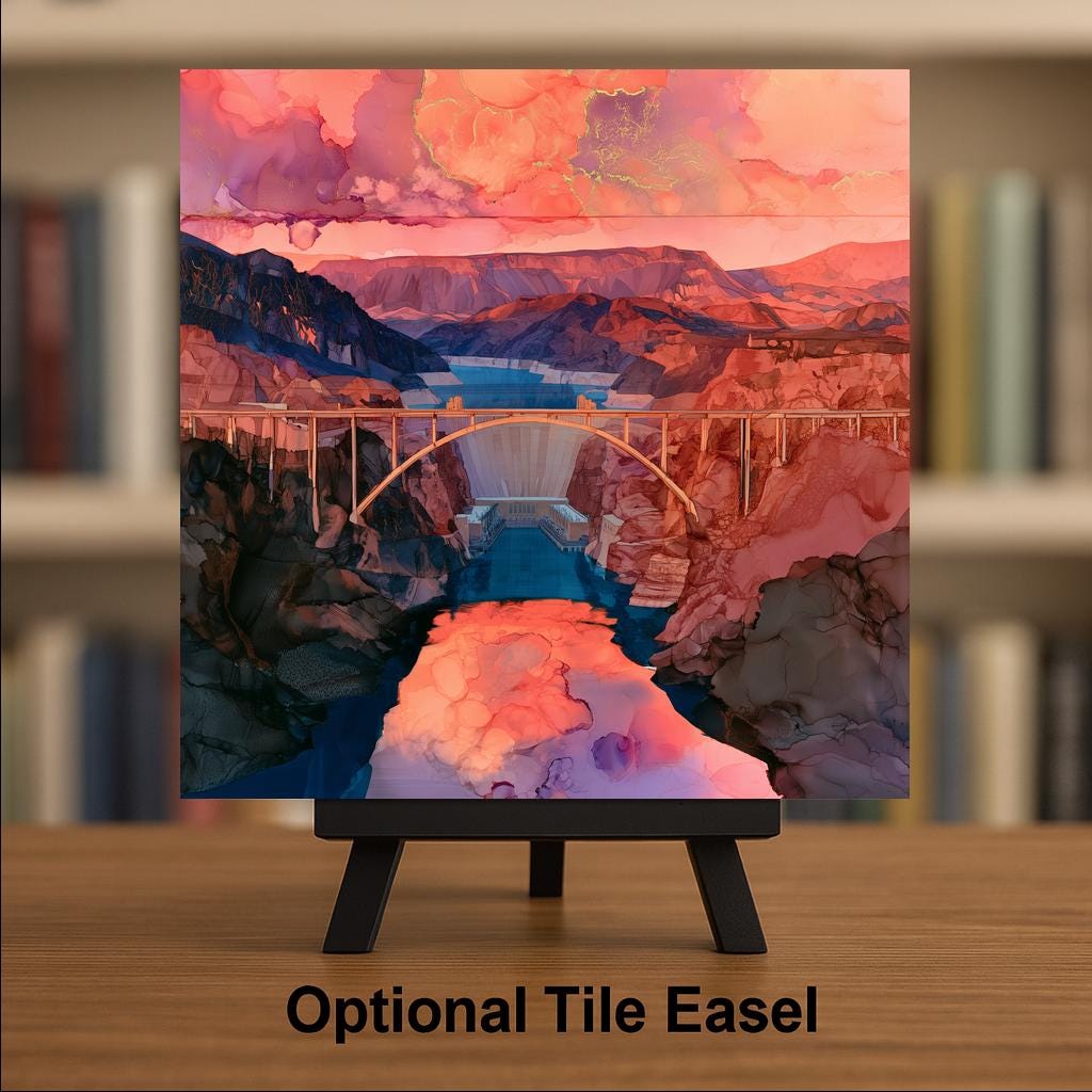 Hoover Dam Ceramic Tile Wall Art Alcohol Ink Style Memorial Bridge Sunset Nevada Arizona Landmark Travel Decor
