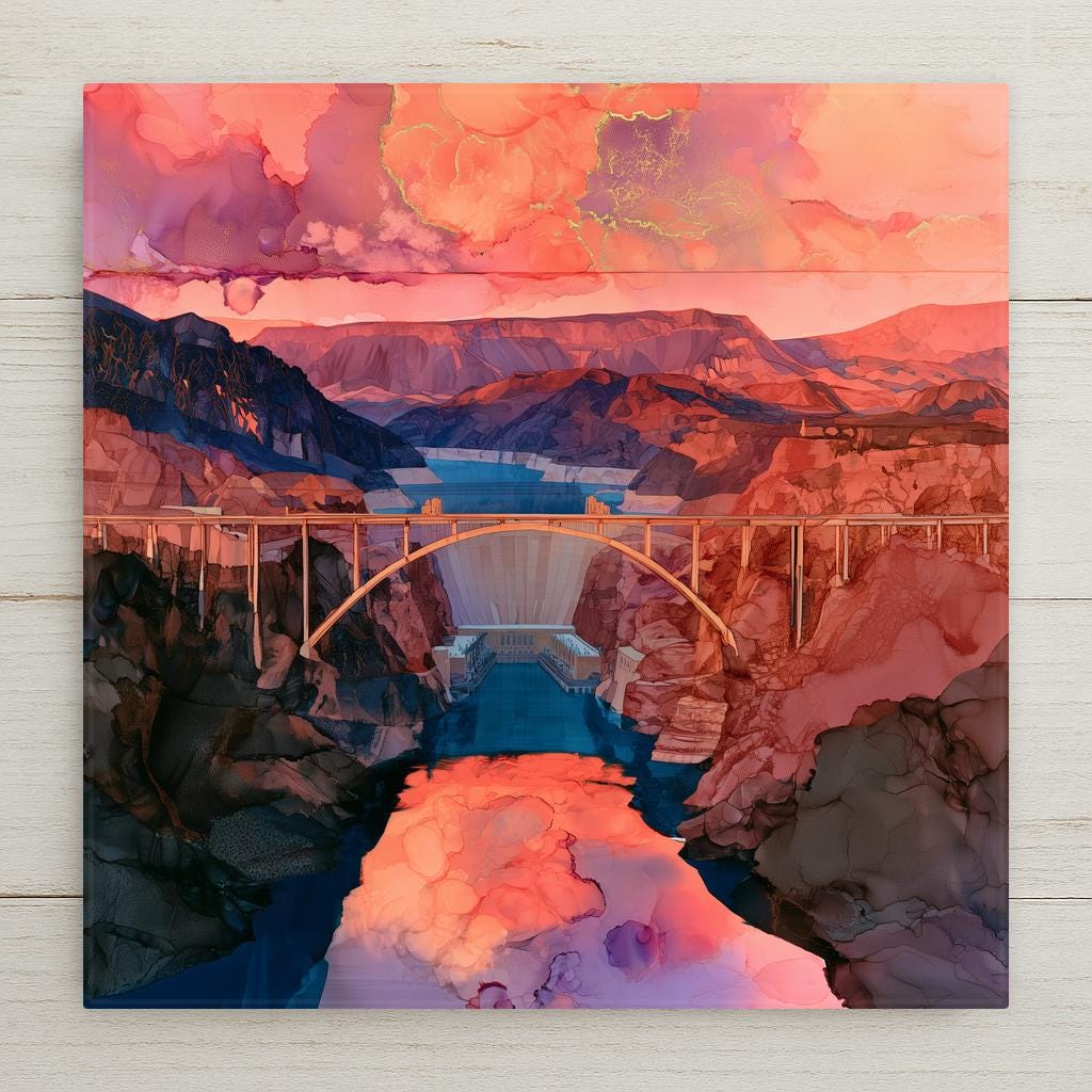 Hoover Dam ceramic art tile in an alcohol ink style — the Memorial Bridge arch frames the dam under a coral and gold sunset, warm light pooling on the canyon walls and river below.