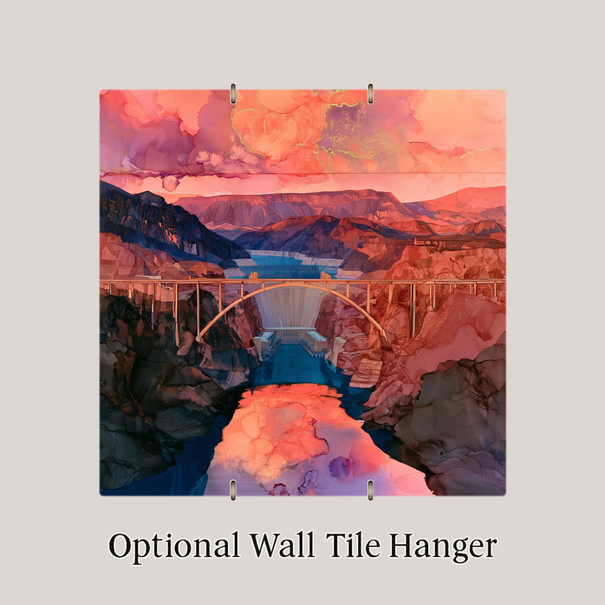 Hoover Dam Ceramic Tile Wall Art Alcohol Ink Style Memorial Bridge Sunset Nevada Arizona Landmark Travel Decor