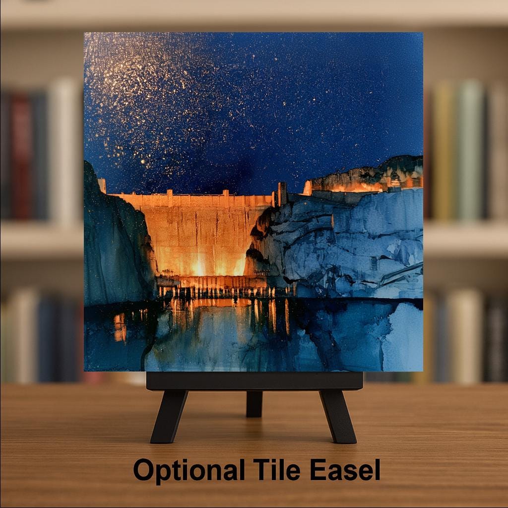 Hoover Dam Night Sky Wall Art Ceramic Tile Alcohol Ink Style Starry Desert Nevada Landmark Southwest Travel Decor