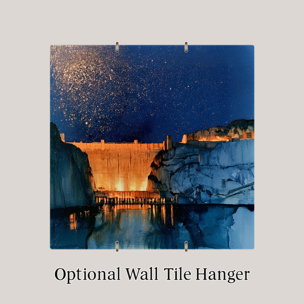 Hoover Dam Night Sky Wall Art Ceramic Tile Alcohol Ink Style Starry Desert Nevada Landmark Southwest Travel Decor