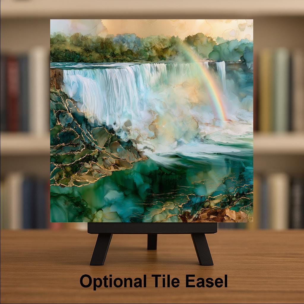 Niagara Falls Rainbow Wall Art Ceramic Tile Alcohol Ink Style Waterfall Mist New York Landmark Travel Home Decor