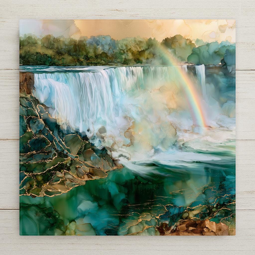 Niagara Falls ceramic art tile in an alcohol ink style — teal and aquamarine water pouring over the falls, a rainbow arcing through the rising mist above gold-veined rock.