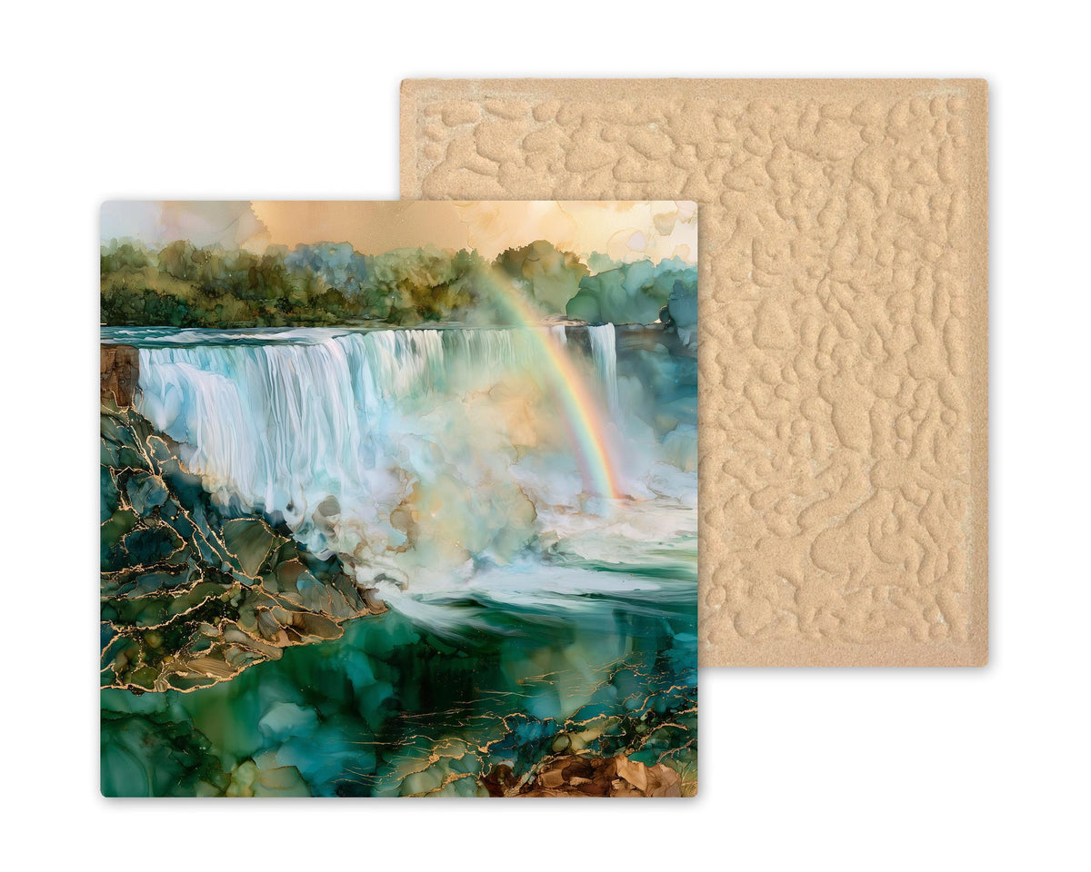Niagara Falls Rainbow Wall Art Ceramic Tile Alcohol Ink Style Waterfall Mist New York Landmark Travel Home Decor