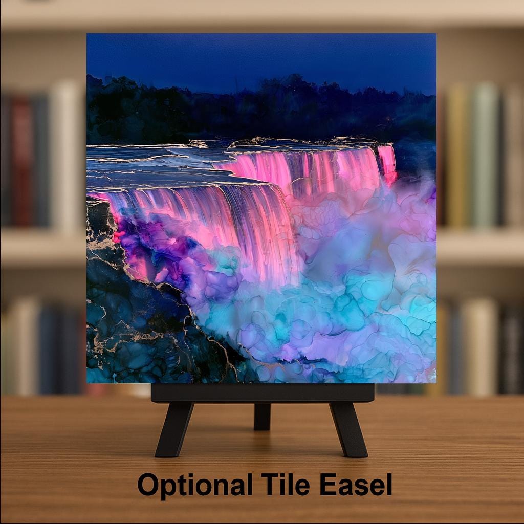 Niagara Falls Night Wall Art Ceramic Tile Alcohol Ink Style Illuminated Waterfall New York Landmark Travel Decor