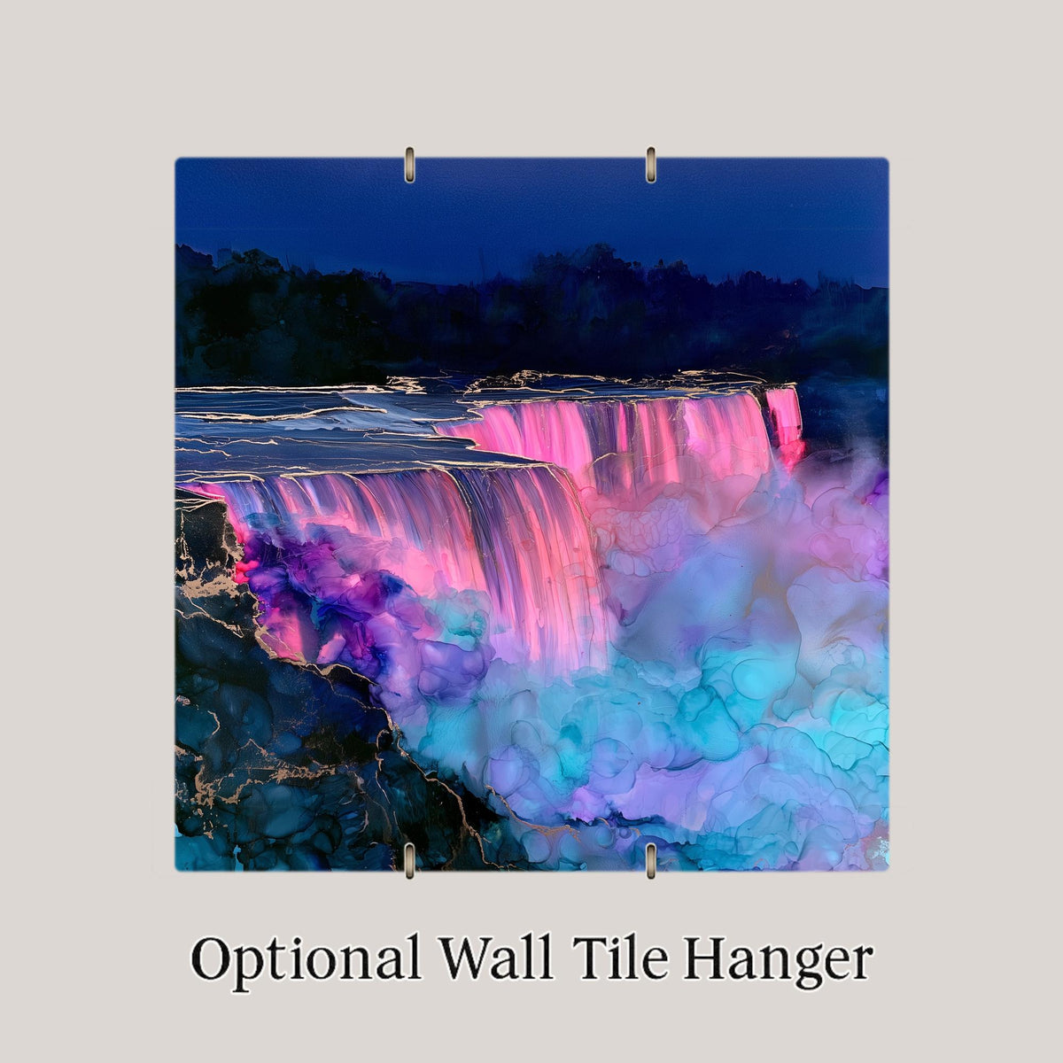 Niagara Falls Night Wall Art Ceramic Tile Alcohol Ink Style Illuminated Waterfall New York Landmark Travel Decor