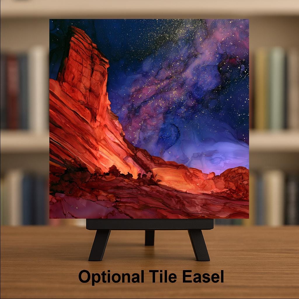 Red Rocks Colorado Wall Art Ceramic Tile Alcohol Ink Style Milky Way Night Sky Mountain Landmark Travel Decor