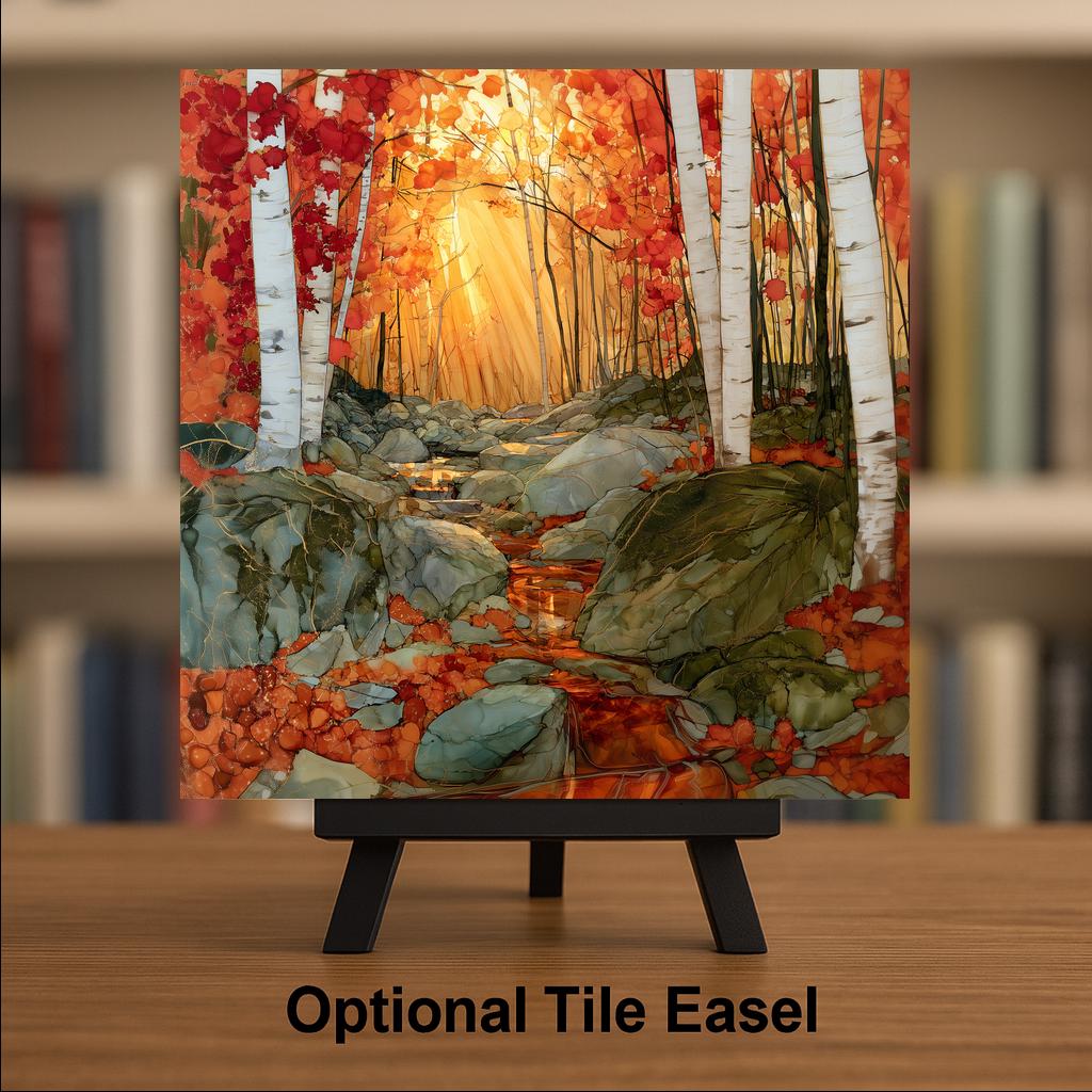 Smugglers Notch Vermont Wall Art Ceramic Tile Alcohol Ink Style Birch Forest Brook Fall Foliage Autumn Decor