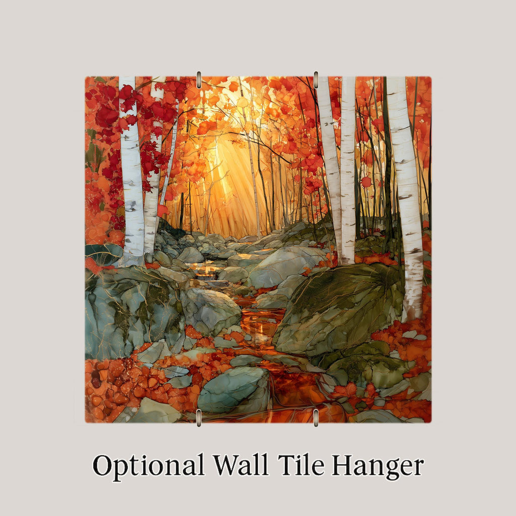 Smugglers Notch Vermont Wall Art Ceramic Tile Alcohol Ink Style Birch Forest Brook Fall Foliage Autumn Decor