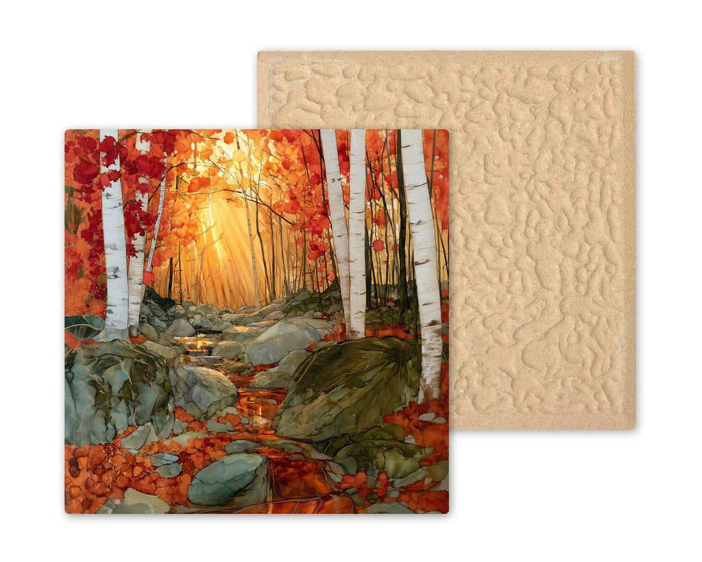 Smugglers Notch Vermont Wall Art Ceramic Tile Alcohol Ink Style Birch Forest Brook Fall Foliage Autumn Decor