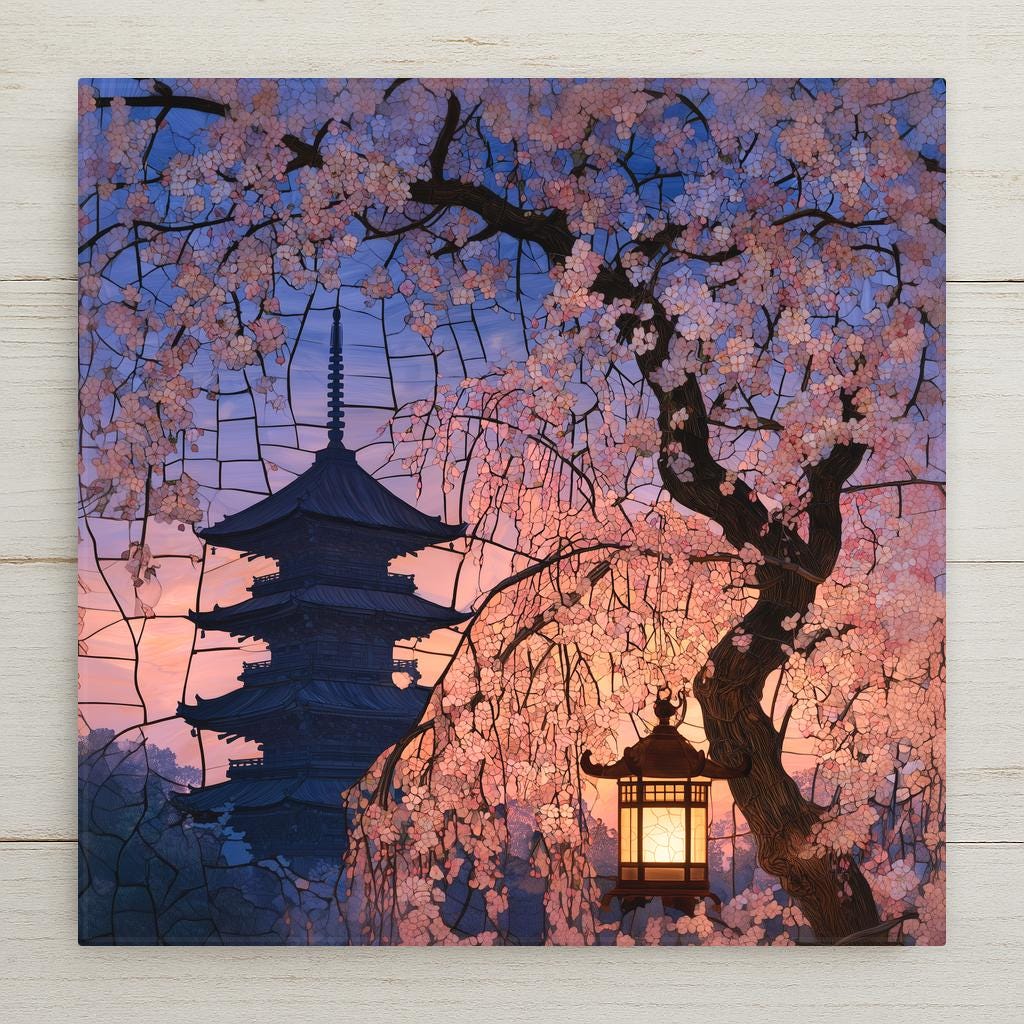 Stained glass style ceramic art tile of a Kyoto pagoda at dusk framed by weeping cherry blossoms in pink and cream, with a glowing wooden lantern hanging from the sakura tree against a violet twilight sky.
