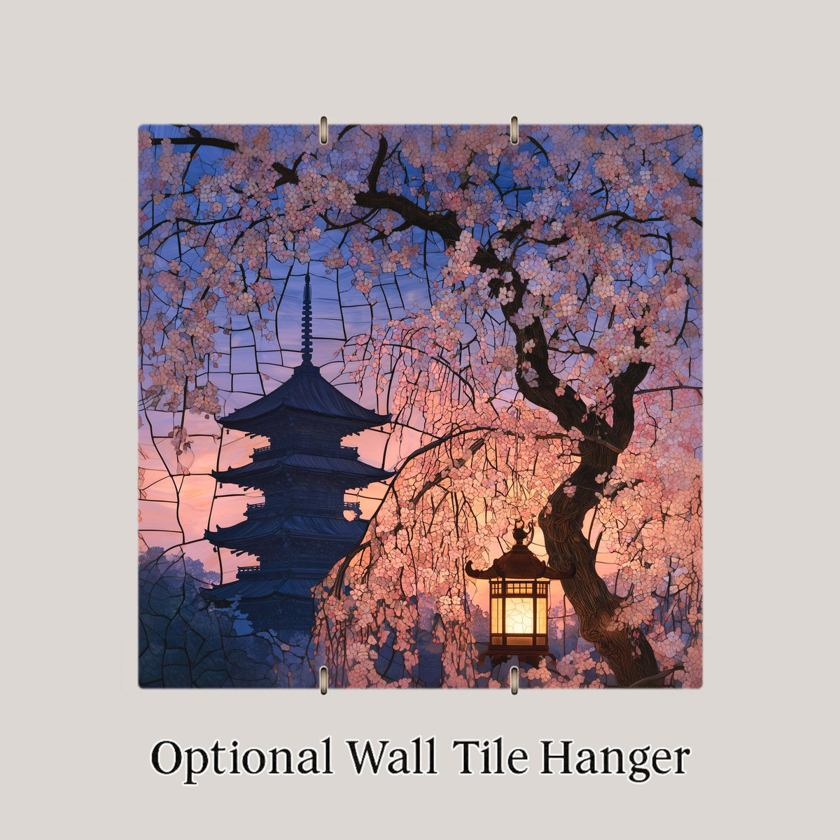 Kyoto Cherry Blossom Stained Glass Style Ceramic Art Tile – Sakura Pagoda Twilight Wall Decor, Japan Traveler