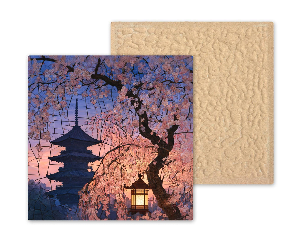 Kyoto Cherry Blossom Stained Glass Style Ceramic Art Tile – Sakura Pagoda Twilight Wall Decor, Japan Traveler