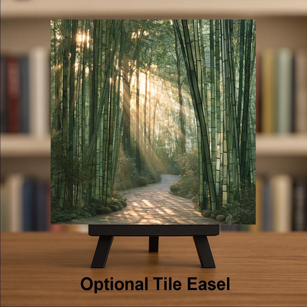 Bamboo Grove Stained Glass Style Ceramic Art Tile – Sunlit Kyoto Forest Path Zen Wall Decor, Meditation
