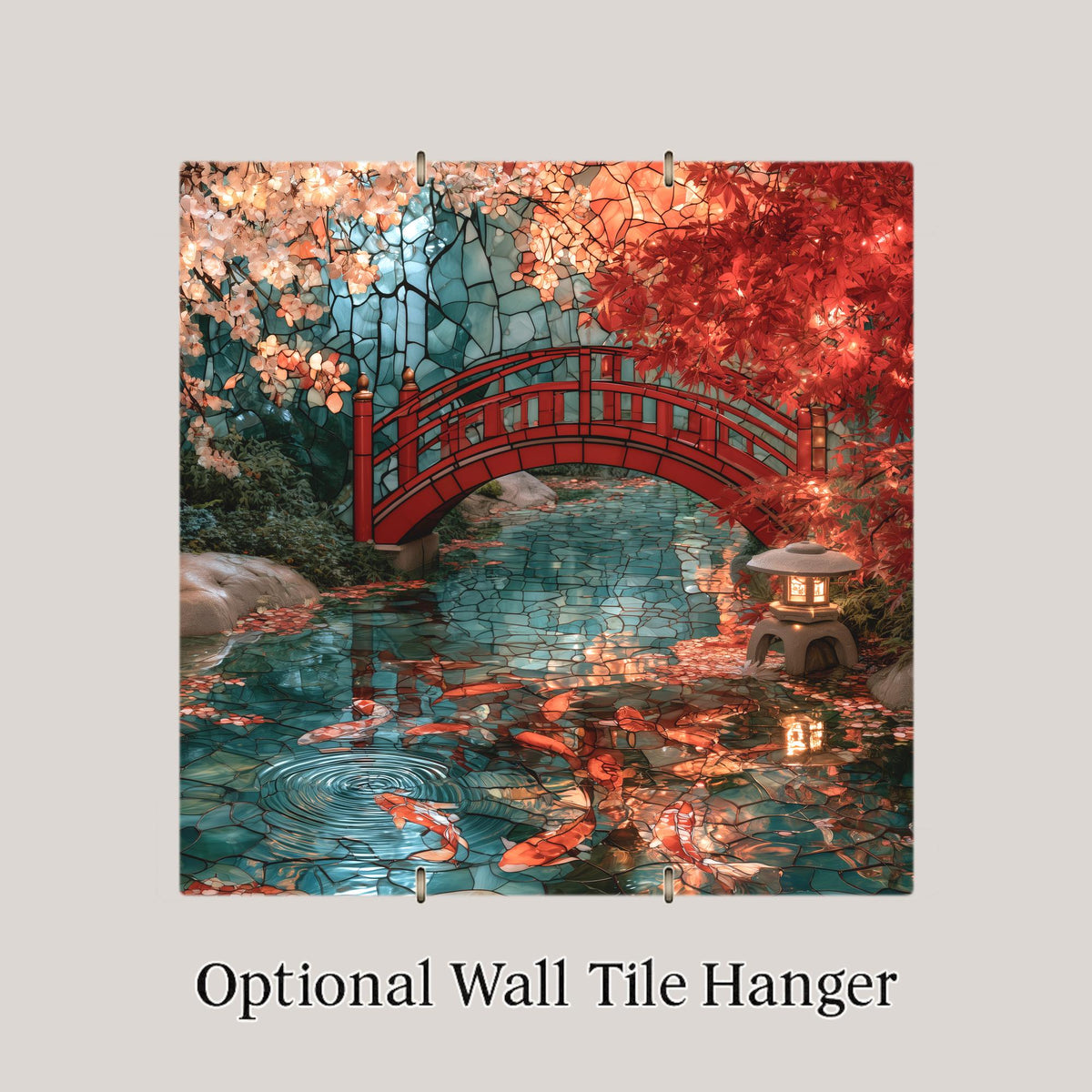 Japanese Garden Stained Glass Style Ceramic Art Tile – Red Bridge Koi Pond Maple Wall Decor, Koi Lover