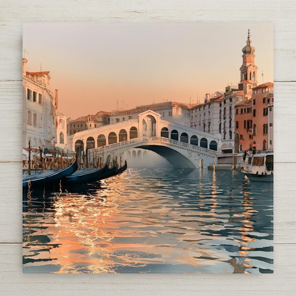 Venice Italy ceramic art tile in an alcohol ink style — the Rialto Bridge over the Grand Canal at sunset, gondola prows in the foreground and a gold light path sparkling across the teal water.