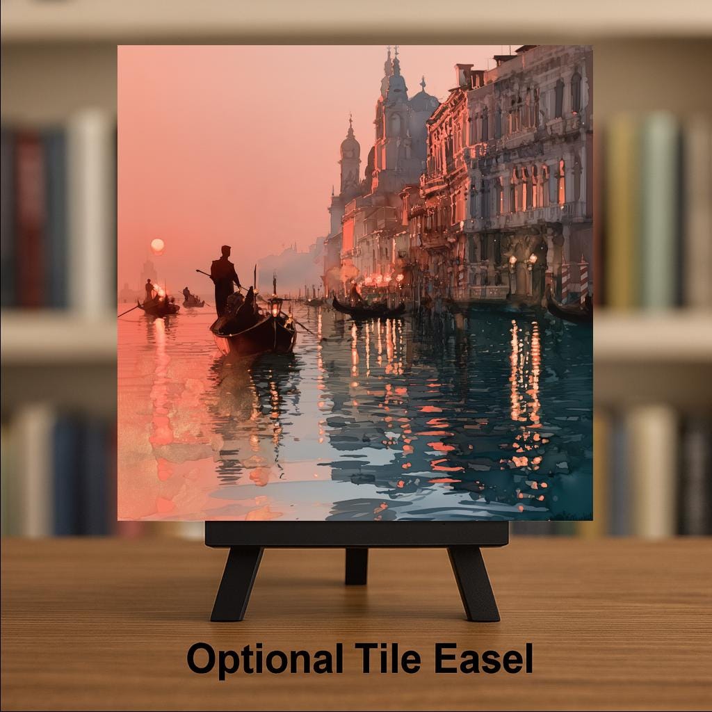 Venice Grand Canal Sunset Wall Art Ceramic Tile Alcohol Ink Style Gondolier Silhouette Italy Travel Decor