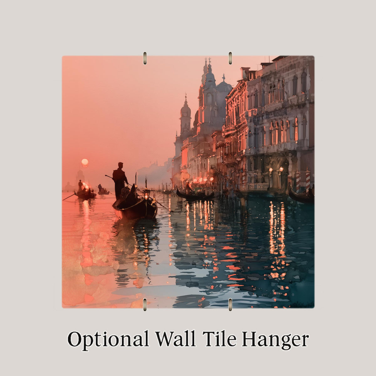 Venice Grand Canal Sunset Wall Art Ceramic Tile Alcohol Ink Style Gondolier Silhouette Italy Travel Decor