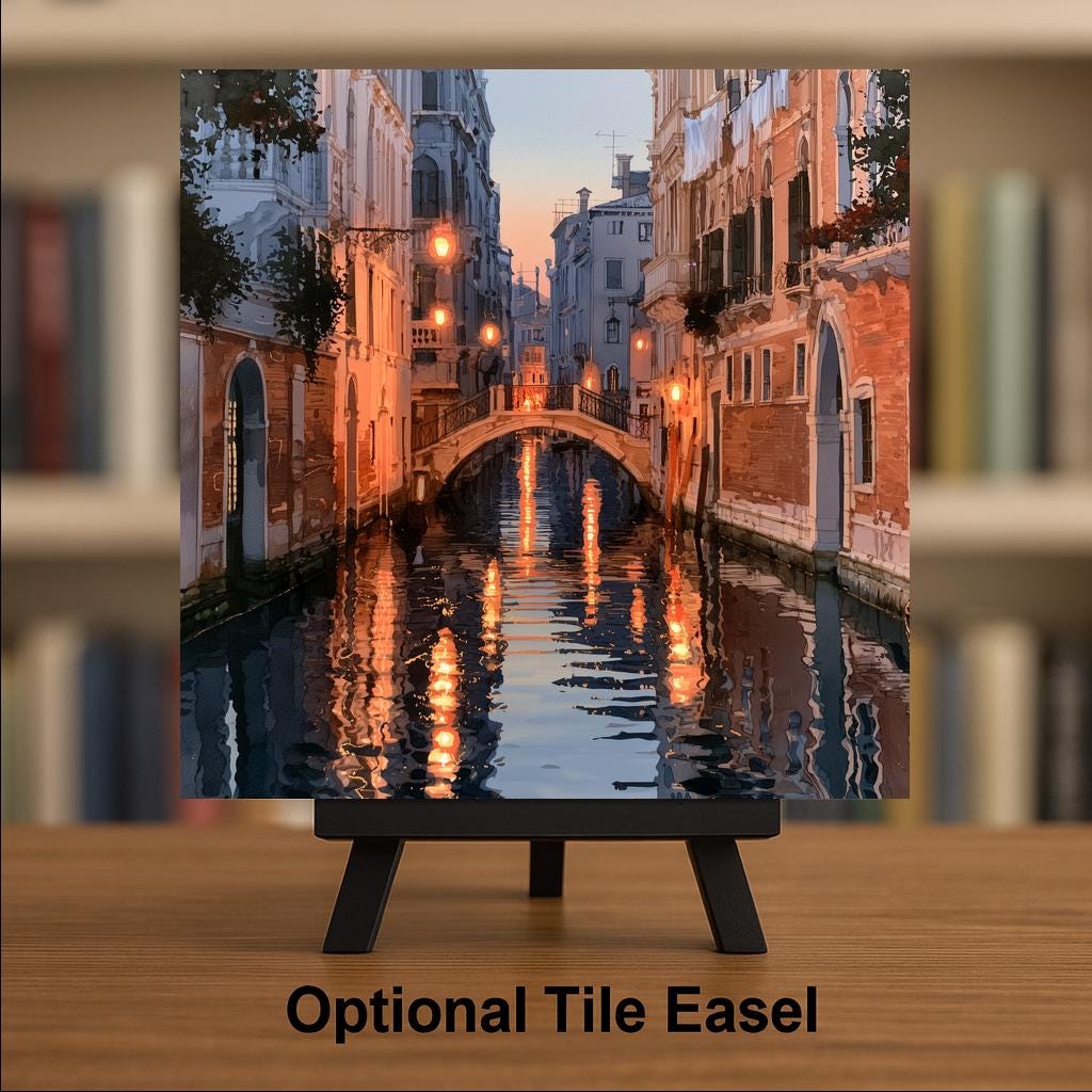 Venice Canal Wall Art Ceramic Tile Alcohol Ink Style Lantern Bridge at Dusk Italian Wall Art Travel Decor