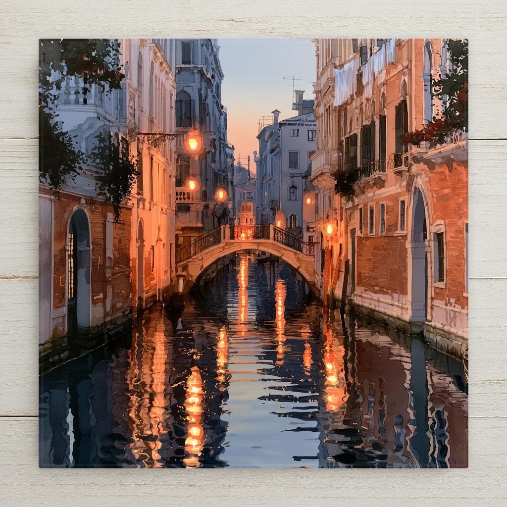 Venice ceramic art tile in an alcohol ink style — a quiet side canal at dusk, a small stone bridge and glowing lanterns reflected down the still water between old palazzo walls.