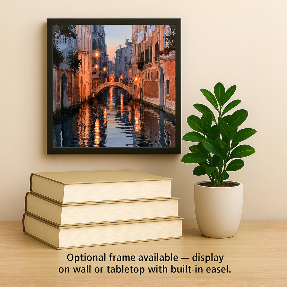 Venice Canal Wall Art Ceramic Tile Alcohol Ink Style Lantern Bridge at Dusk Italian Wall Art Travel Decor