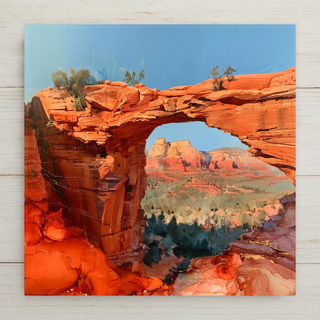 Sedona Arizona ceramic art tile in an alcohol ink style — Devils Bridge natural sandstone arch framing distant red rock buttes under a clear blue sky, gold veining in the rock.