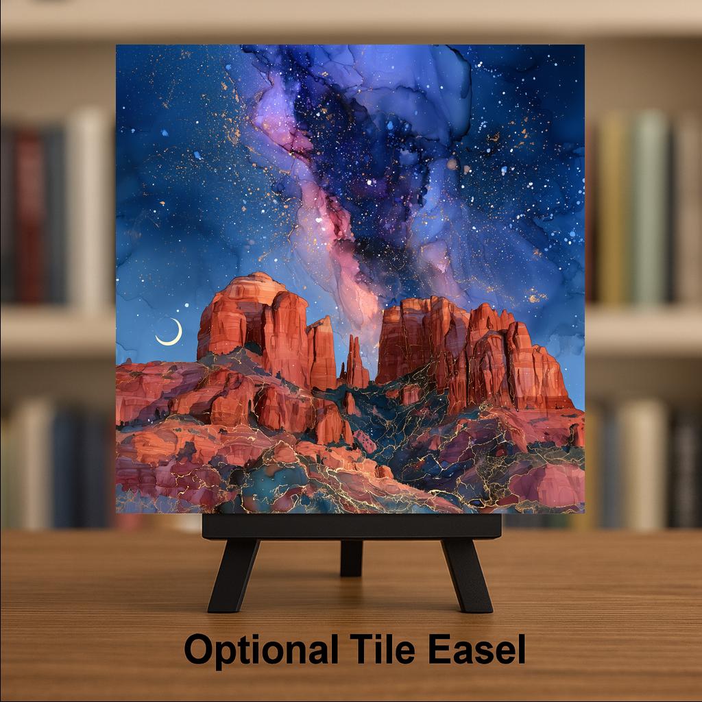 Sedona Milky Way Wall Art Ceramic Tile Alcohol Ink Style Cathedral Rock Night Sky Art Crescent Moon Decor