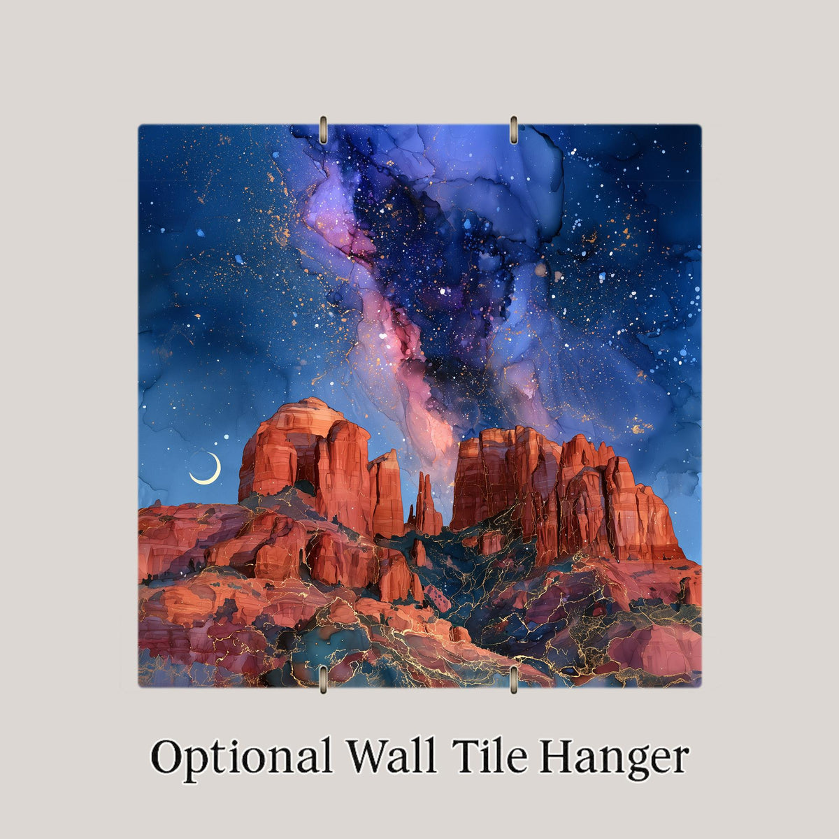 Sedona Milky Way Wall Art Ceramic Tile Alcohol Ink Style Cathedral Rock Night Sky Art Crescent Moon Decor