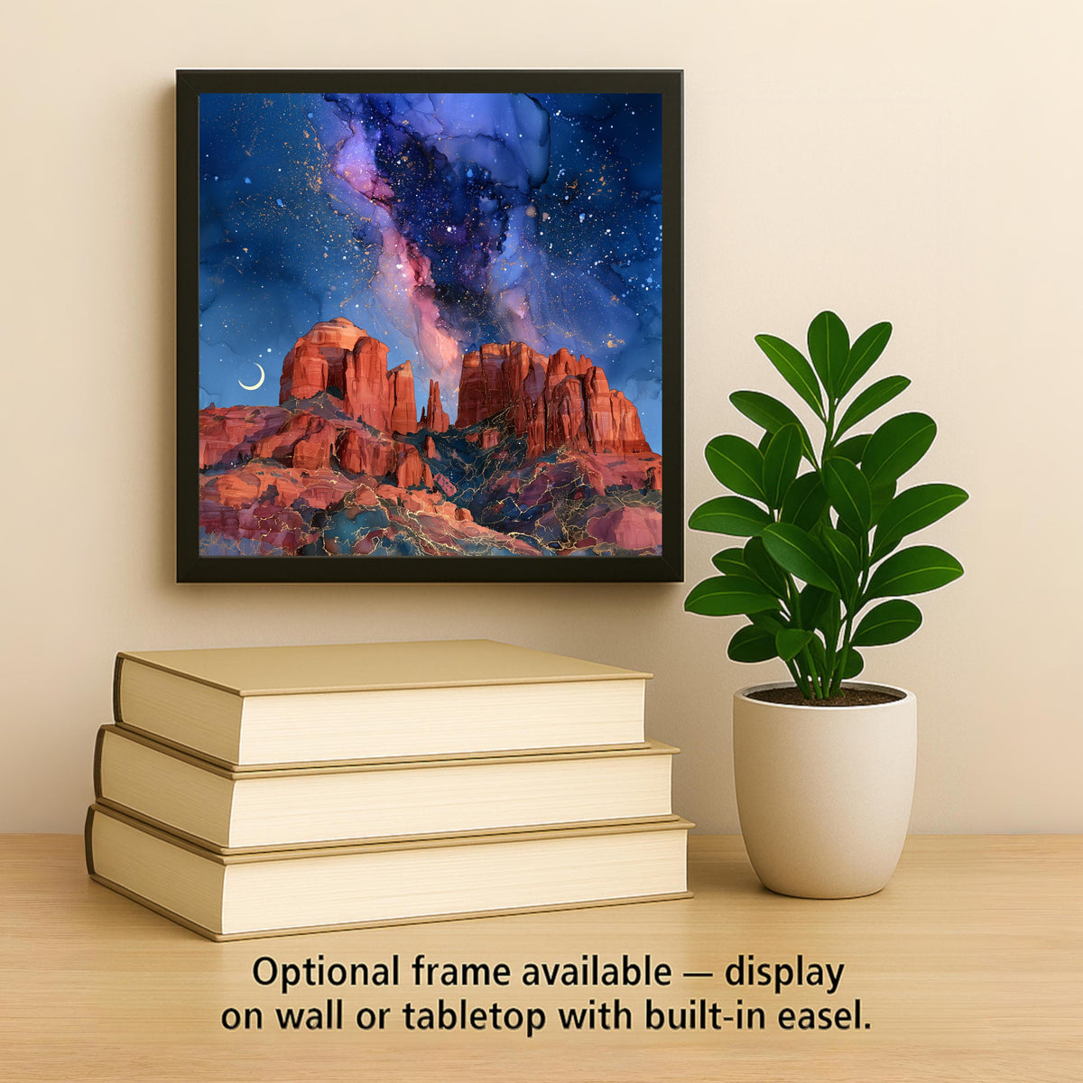 Sedona Milky Way Wall Art Ceramic Tile Alcohol Ink Style Cathedral Rock Night Sky Art Crescent Moon Decor