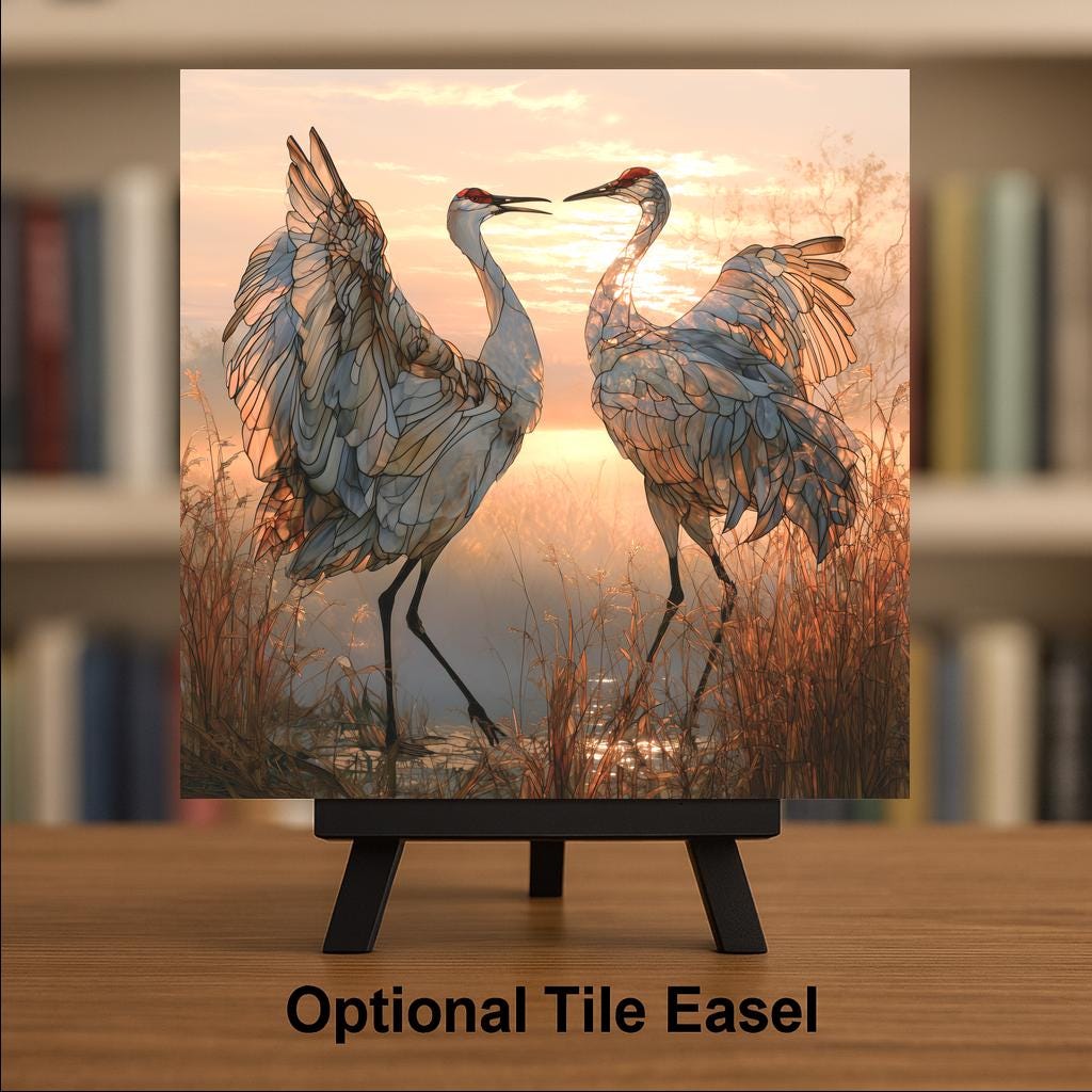 Sandhill Crane Pair Stained Glass Style Ceramic Art Tile – Dancing Cranes at Dawn Wall Decor, Bird Lover