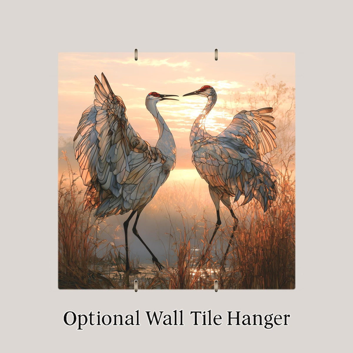 Sandhill Crane Pair Stained Glass Style Ceramic Art Tile – Dancing Cranes at Dawn Wall Decor, Bird Lover
