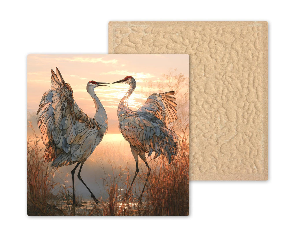 Sandhill Crane Pair Stained Glass Style Ceramic Art Tile – Dancing Cranes at Dawn Wall Decor, Bird Lover