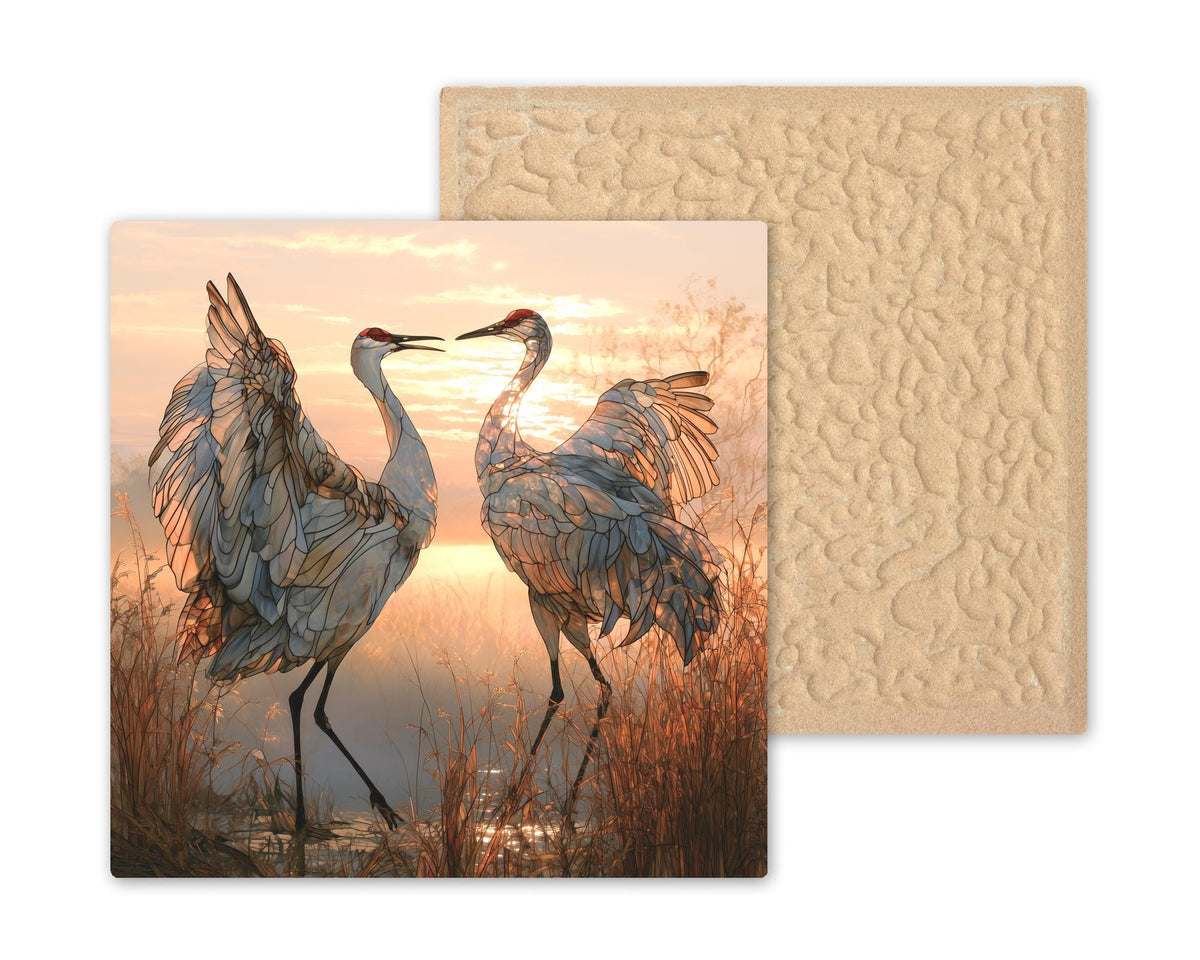 Sandhill Crane Pair Stained Glass Style Ceramic Art Tile – Dancing Cranes at Dawn Wall Decor, Bird Lover