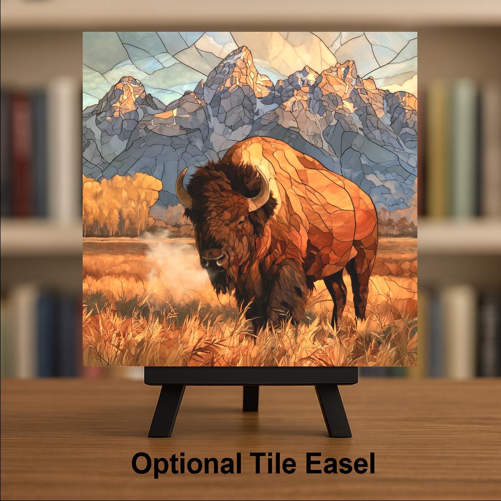 Grand Teton Bison Stained Glass Style Ceramic Art Tile – Autumn Buffalo in the Tetons Wall Decor, National Park Lover