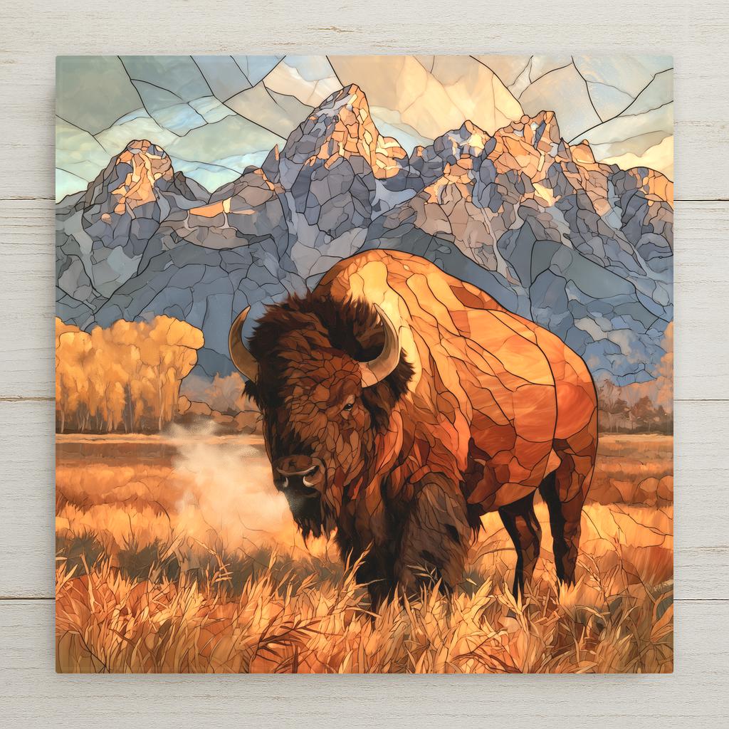 Stained glass style ceramic art tile of an American bison in golden autumn grass beneath the Grand Teton mountain range, steam at its muzzle and yellow aspens at the treeline.